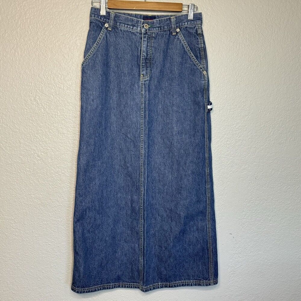 VTG Denim Skirt Women 5 Midi Medium Wash Tommy Hilfiger Logo Carpenter Y2K 90s